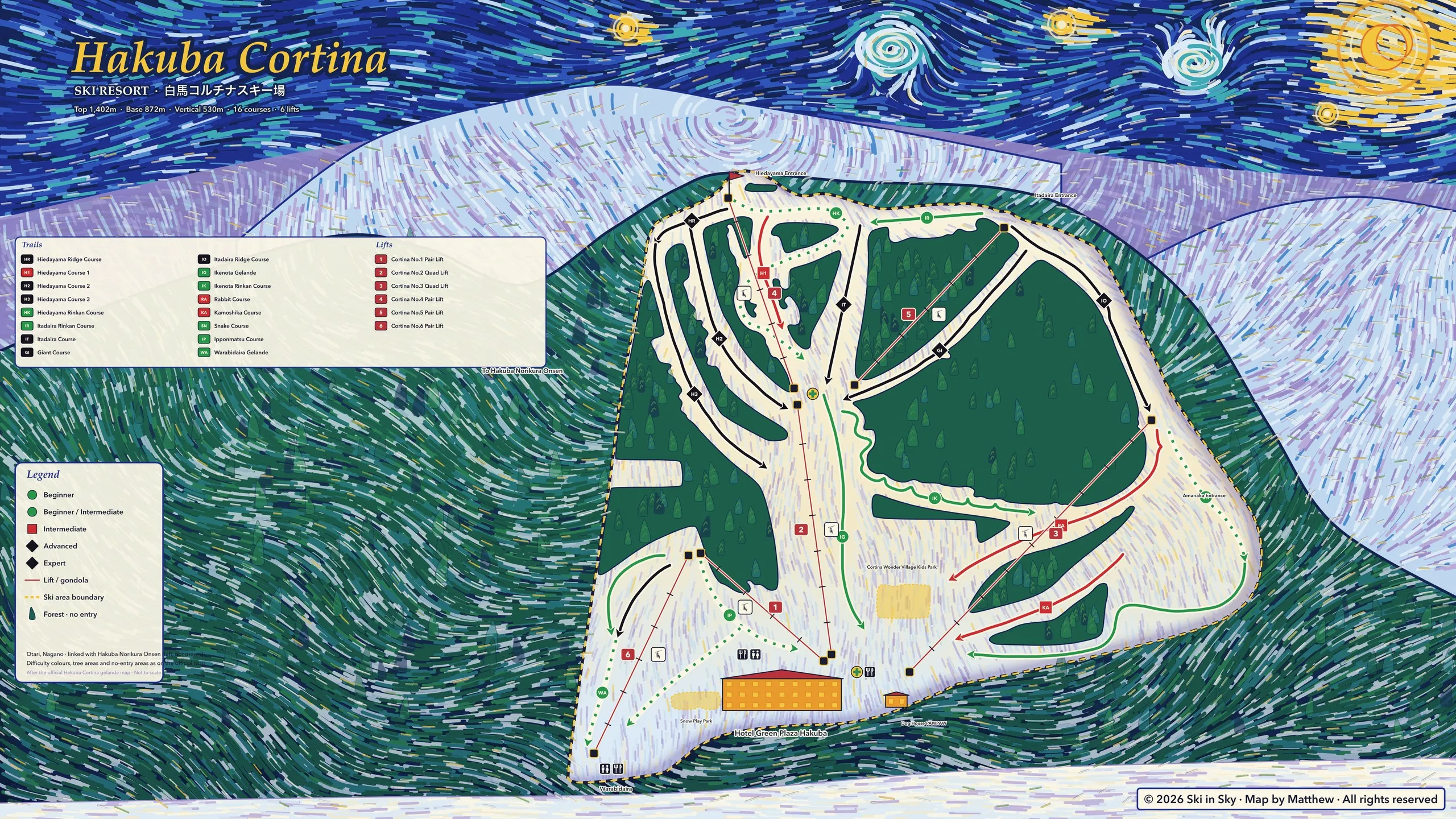 Hakuba Cortina trail map, painted
