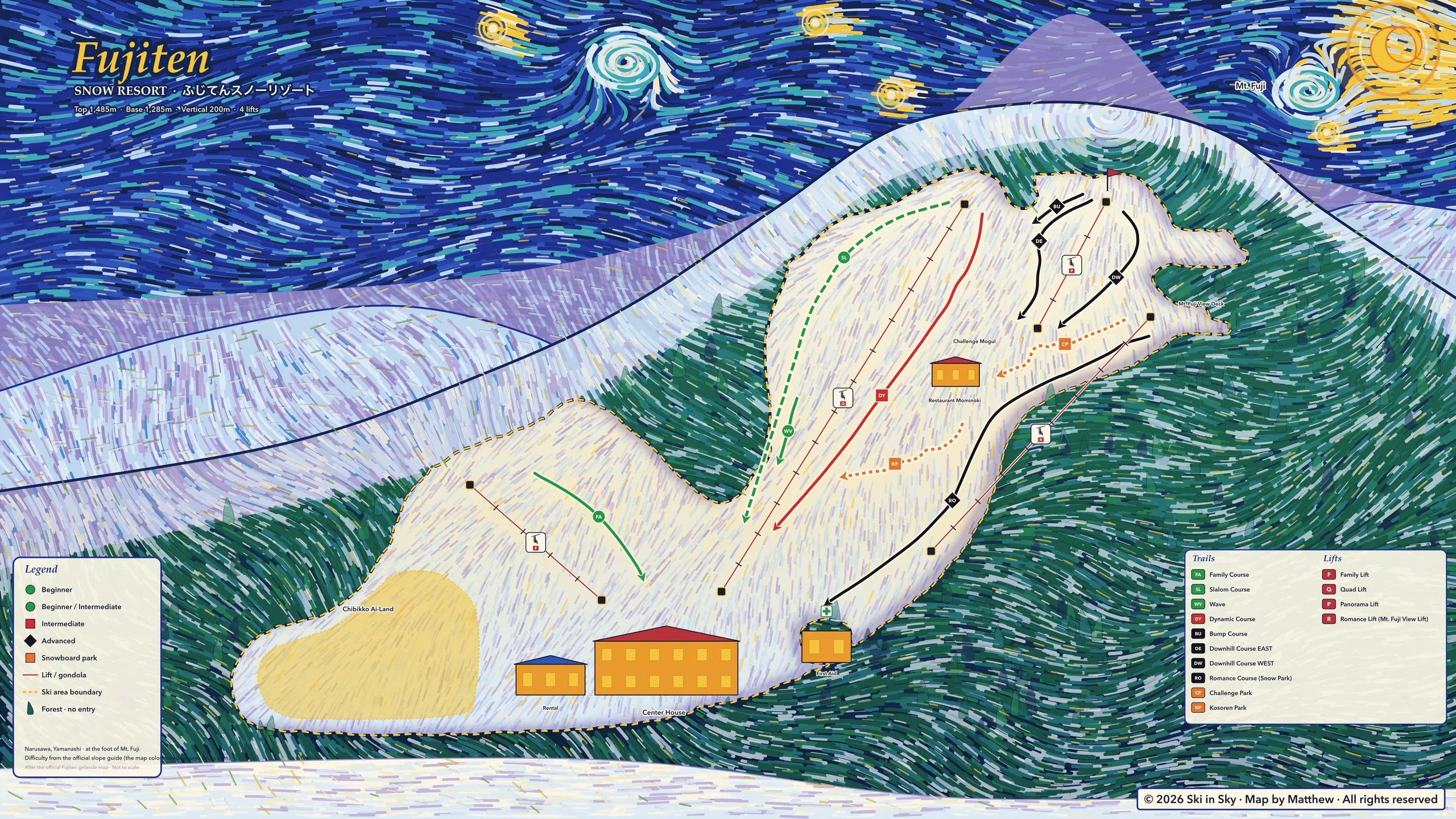 Fujiten Snow Resort trail map, painted