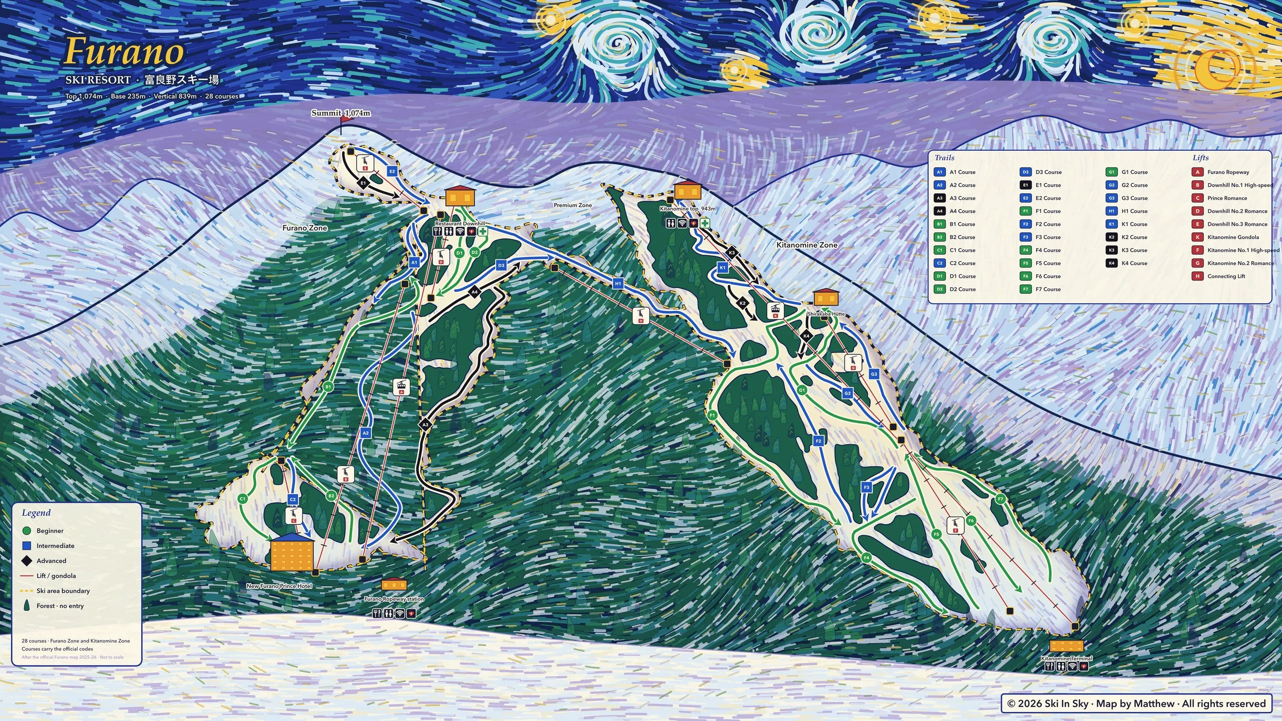 Furano trail map, painted