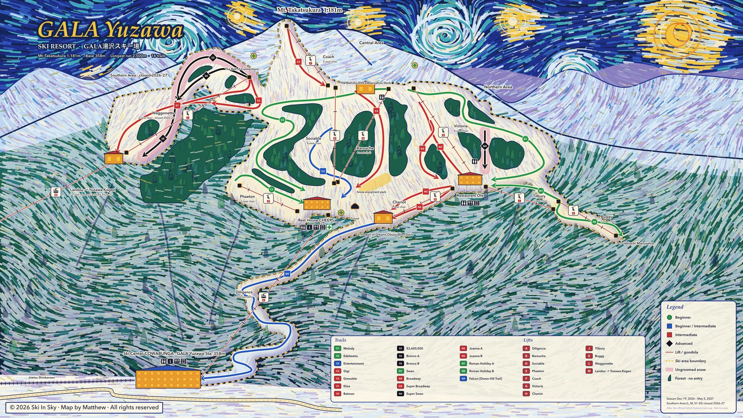GALA Yuzawa trail map, painted