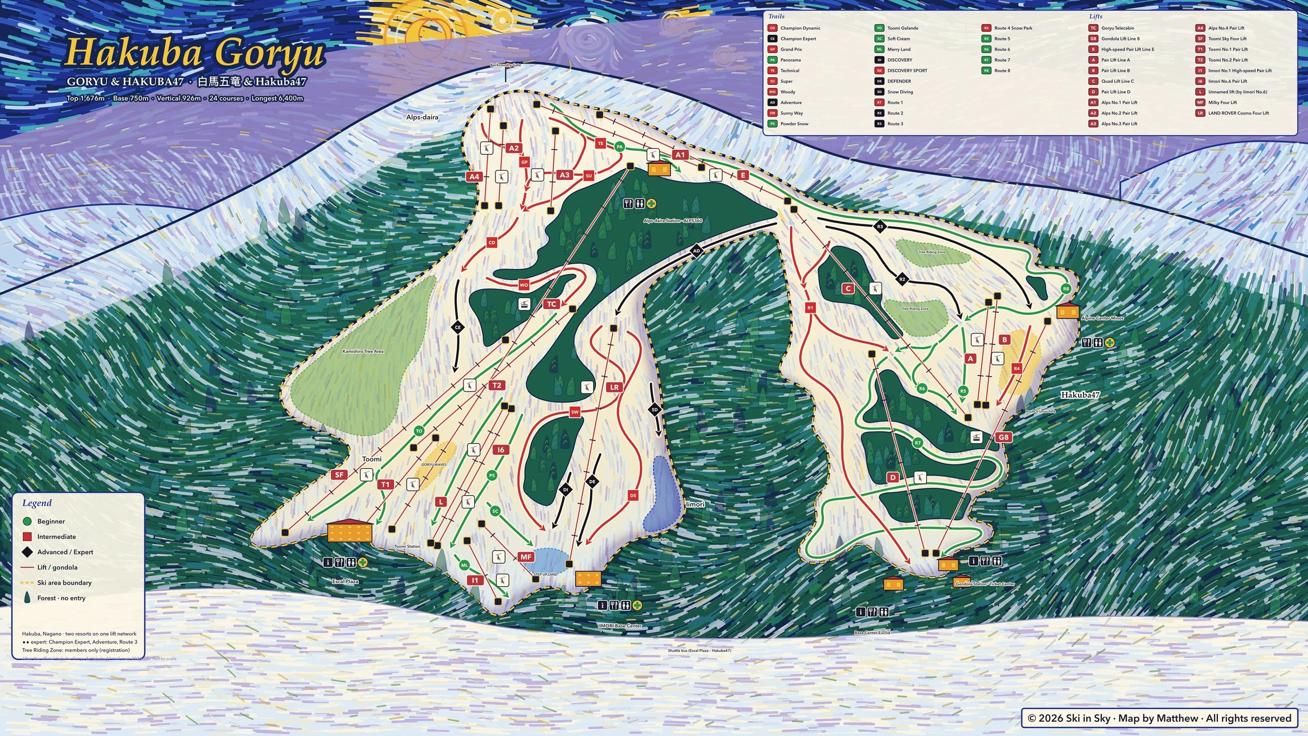 Hakuba Goryu & 47 trail map, painted