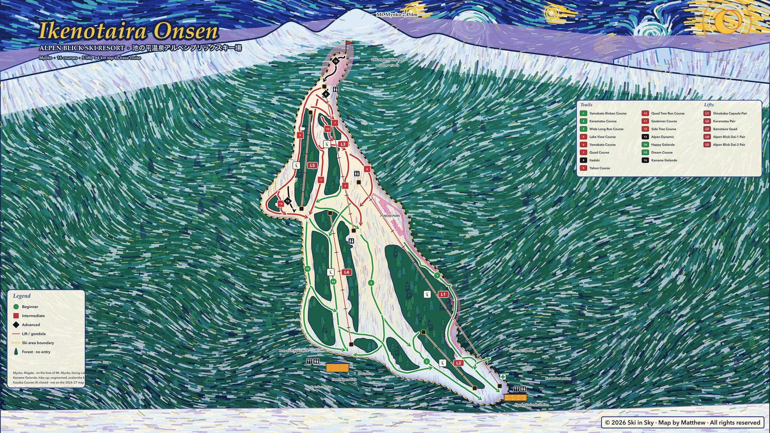Ikenotaira Onsen trail map, painted