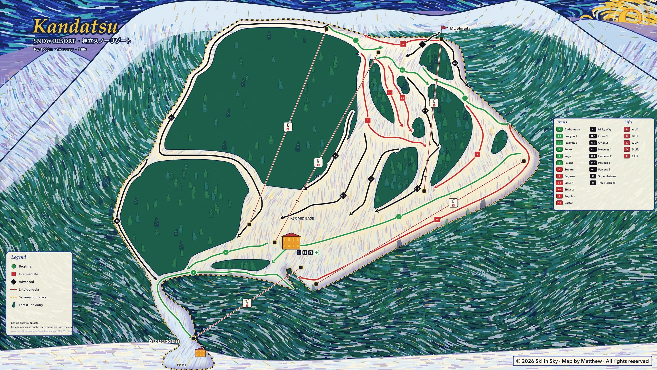 Kandatsu Snow Resort trail map, painted