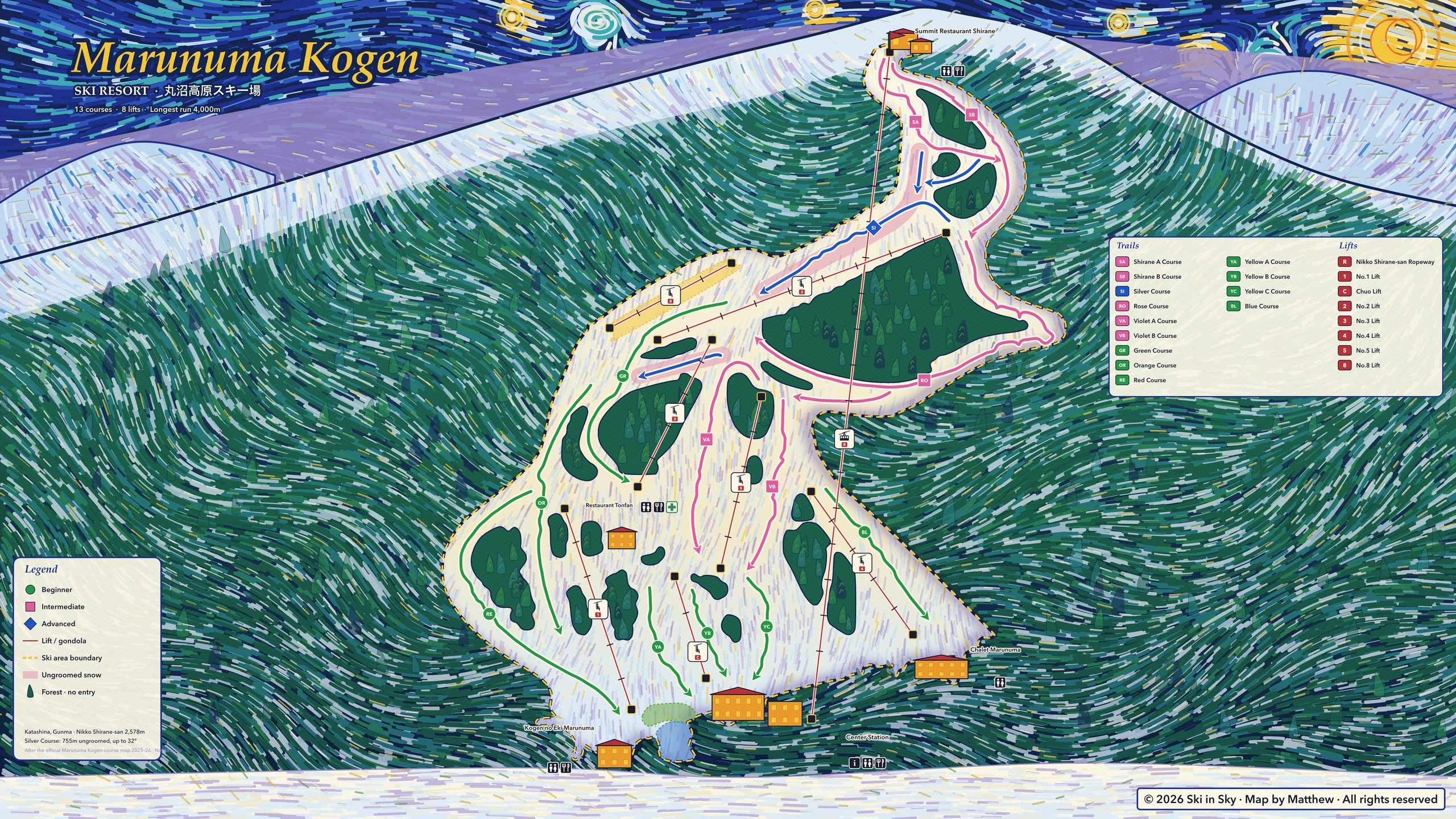 Marunuma Kogen trail map, painted