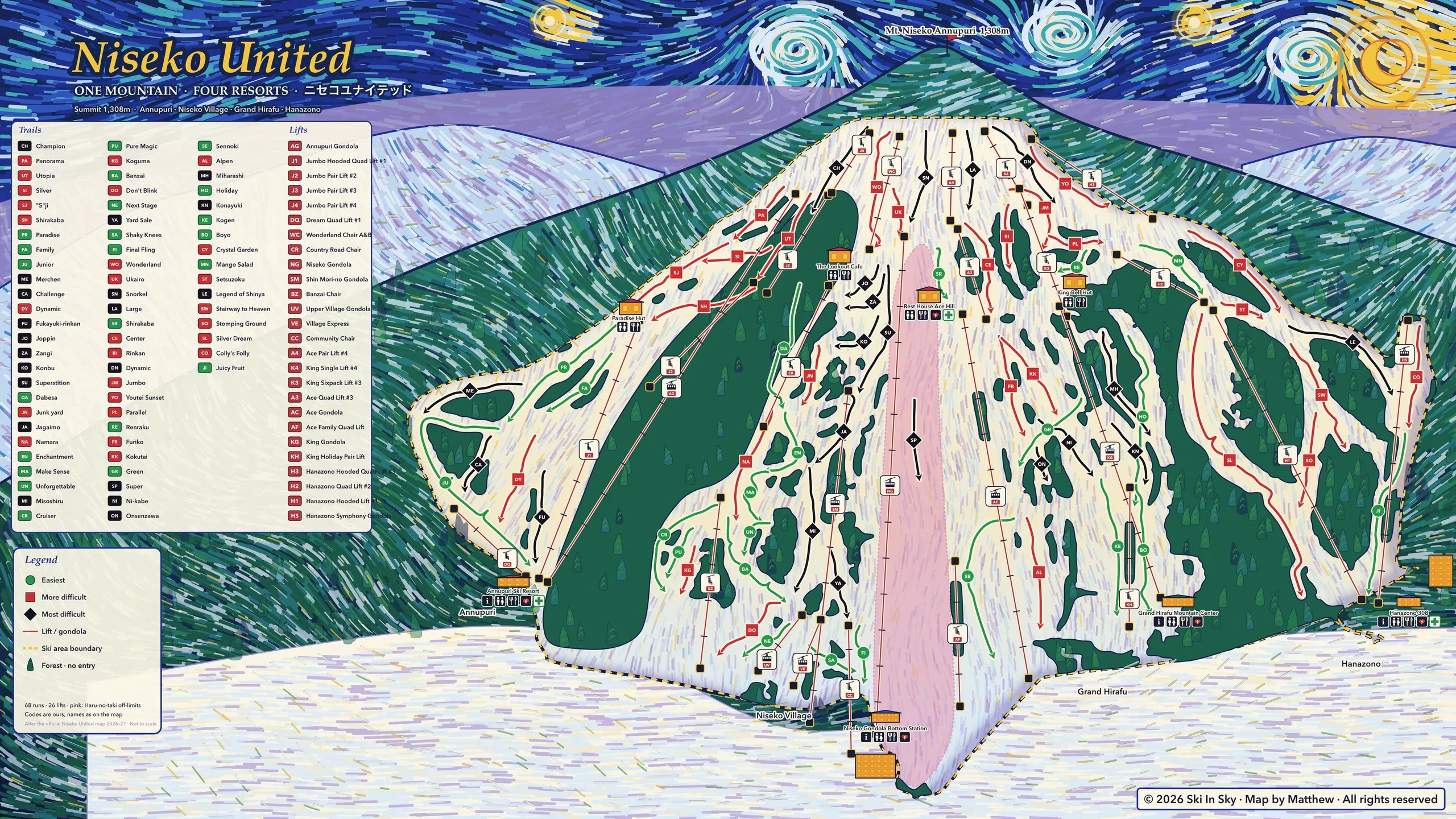 Niseko United trail map, painted
