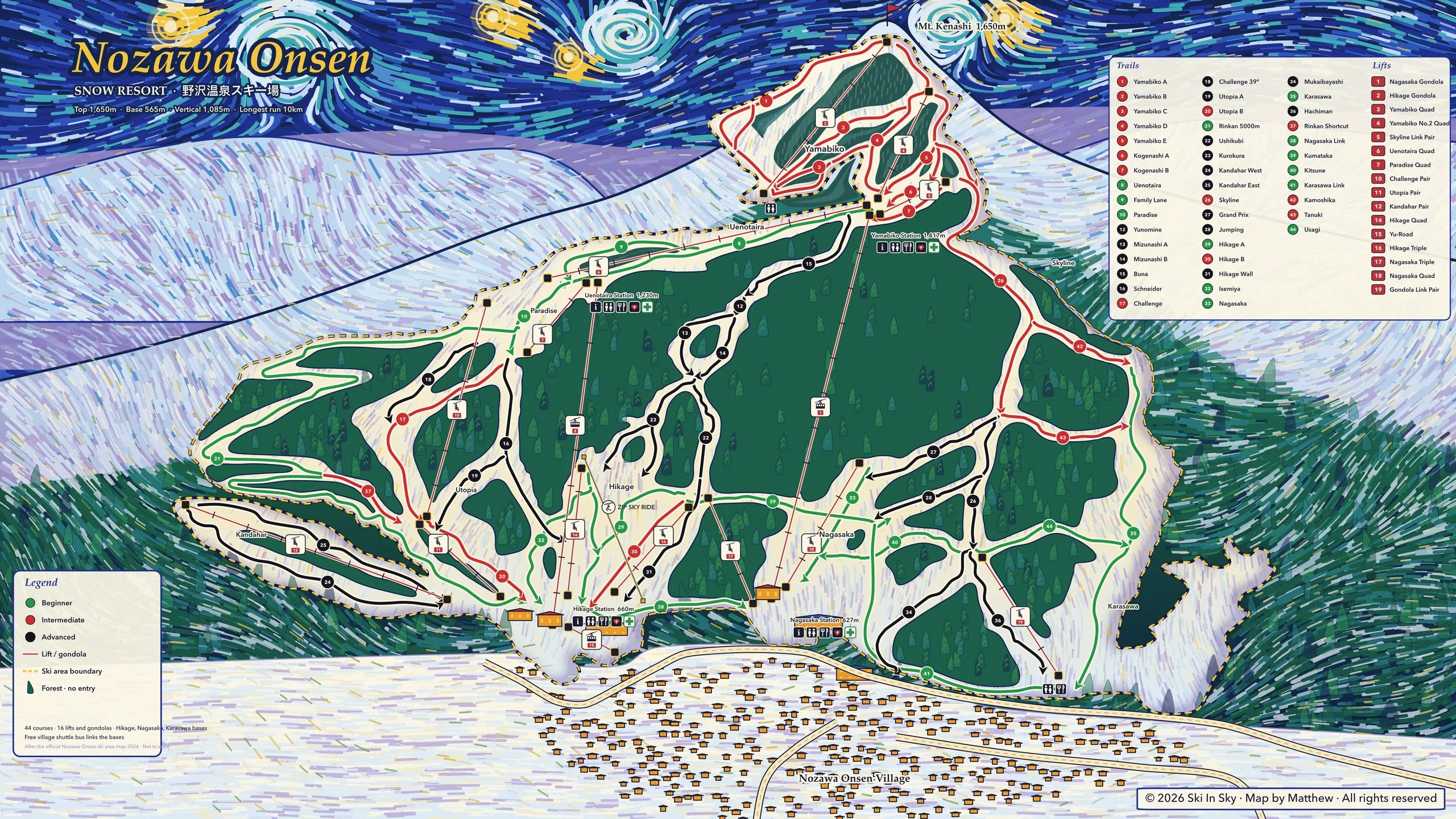 Nozawa Onsen trail map, painted