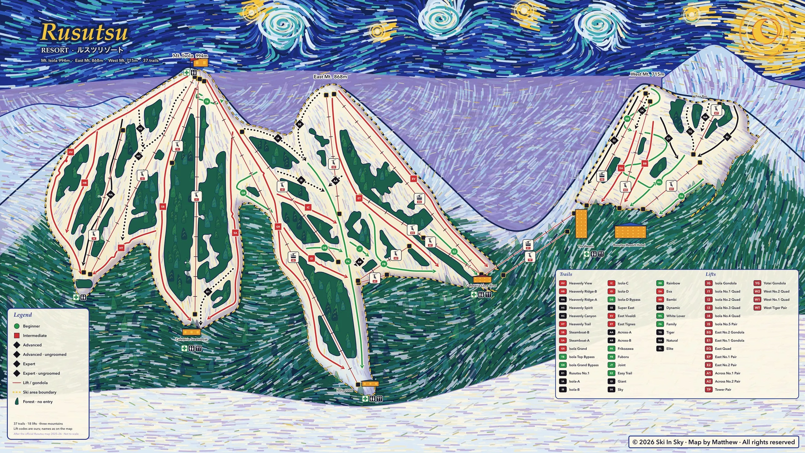 Rusutsu trail map, painted