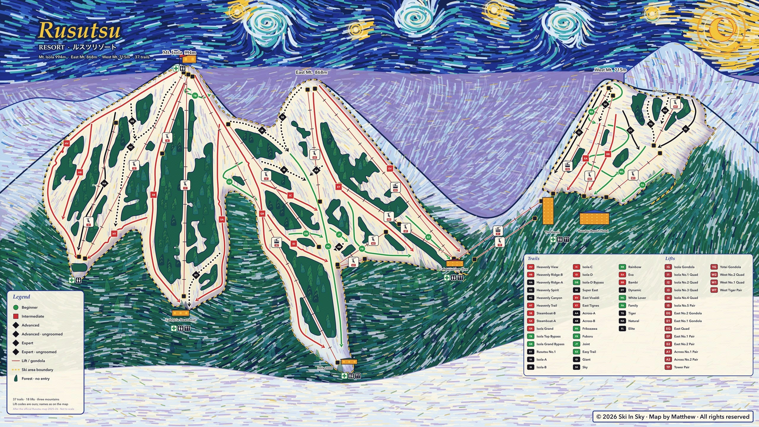 Rusutsu trail map, painted