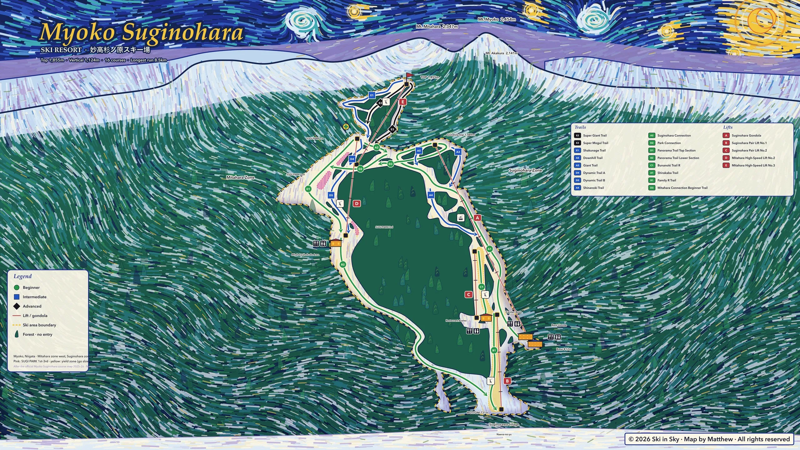 Myoko Suginohara trail map, painted