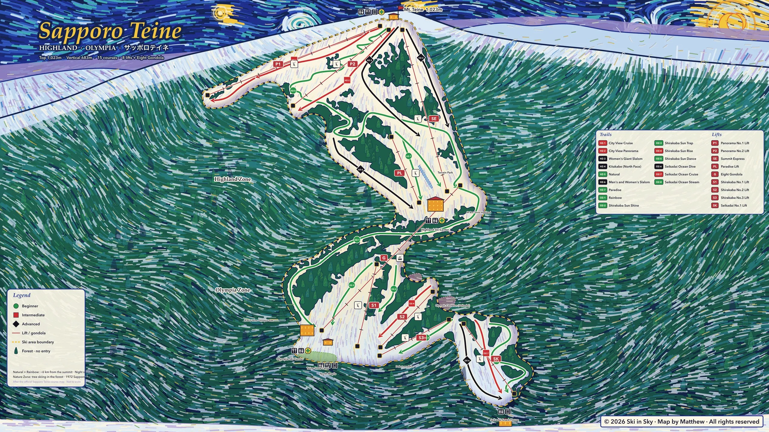 Sapporo Teine trail map, painted