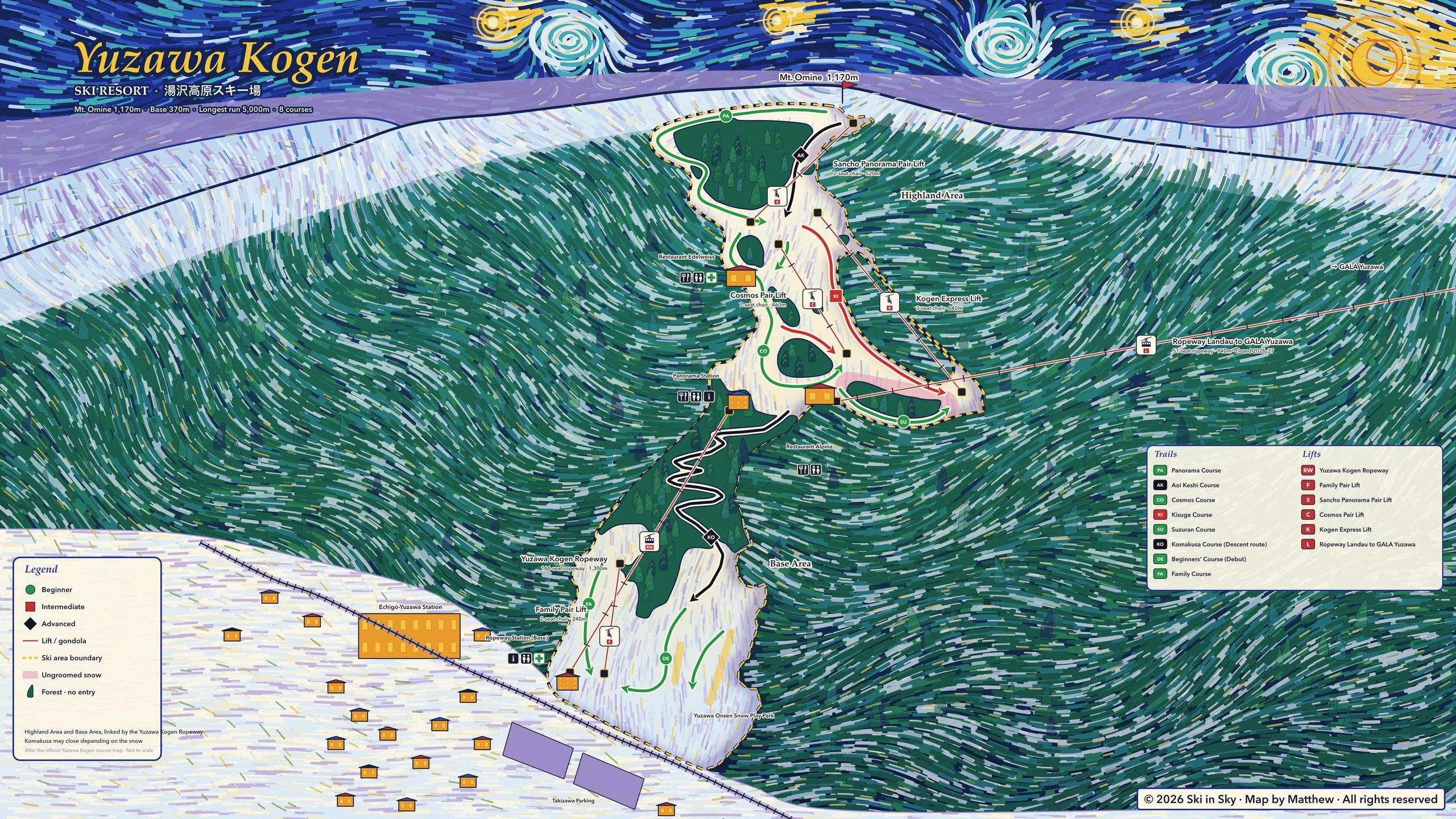 Yuzawa Kogen trail map, painted