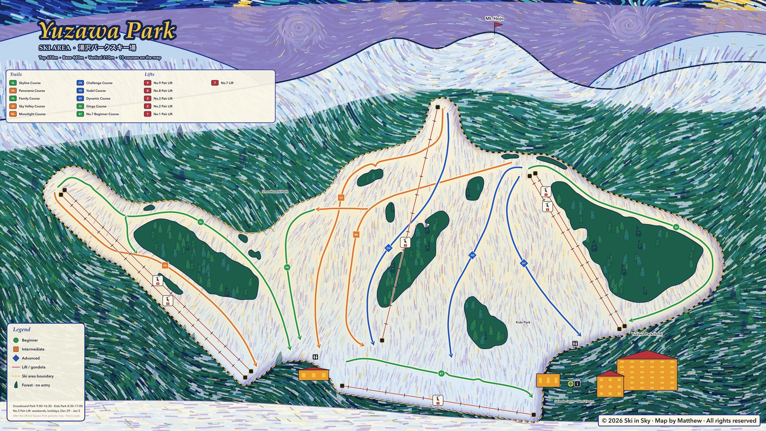 Yuzawa Park trail map, painted