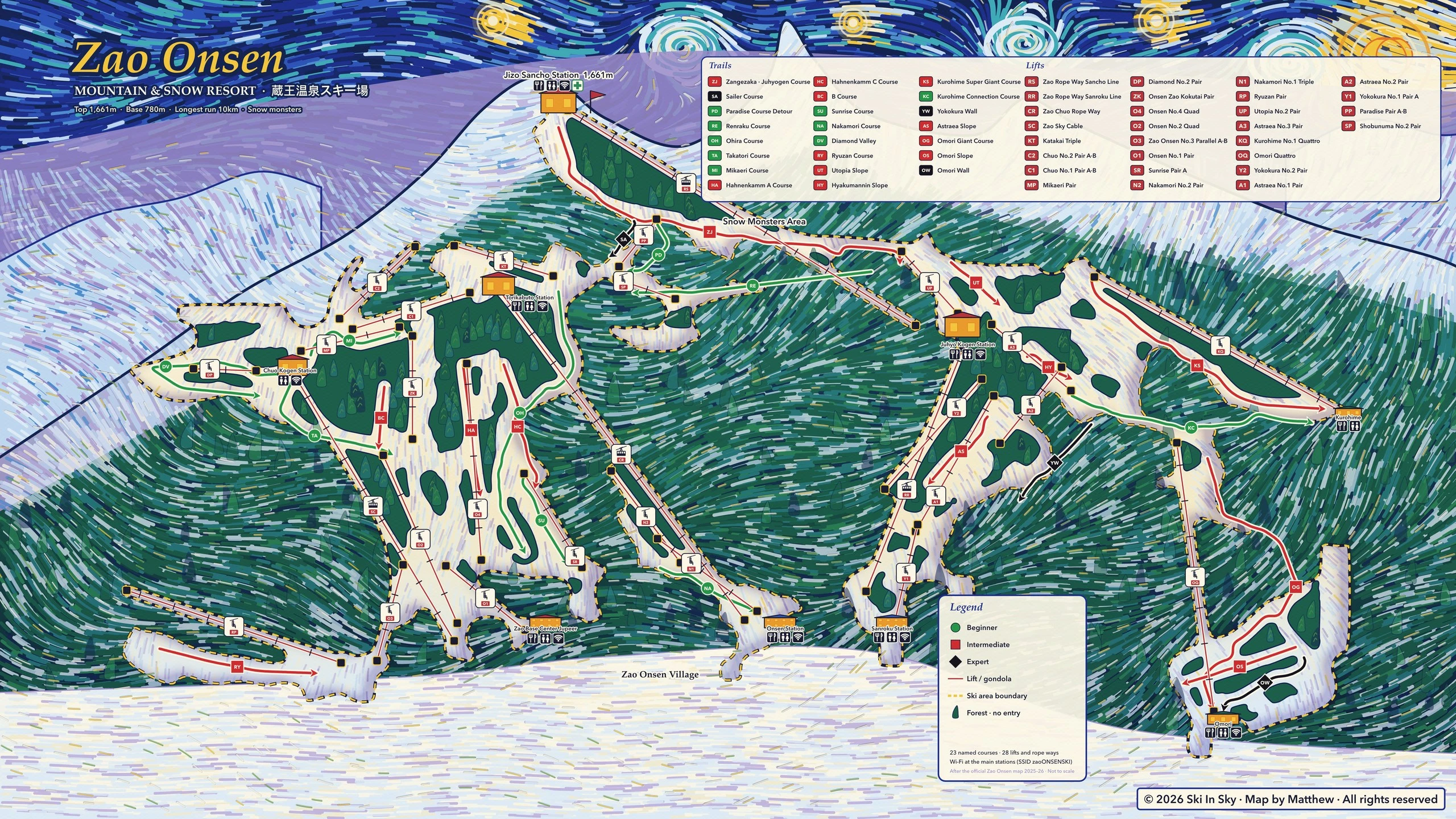 Zao Onsen trail map, painted